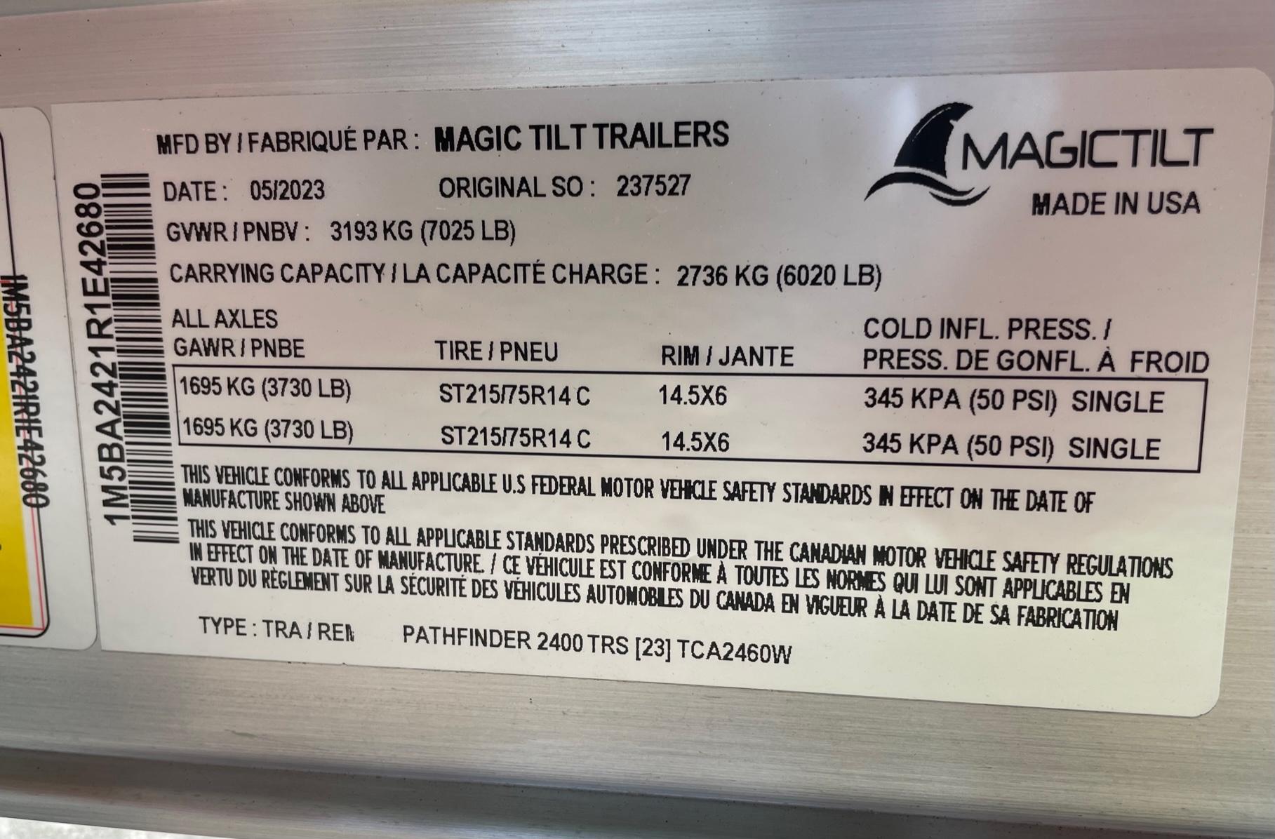 Magic Tilt Trailers label for 2024 Pathfinder 2400 Open, detailing specifications and safety standards.