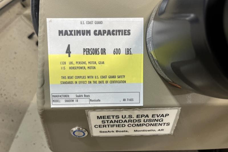 SeaArk Shadow 18T 2025 boat capacity label, U.S. Coast Guard certified, 4 persons or 600 lbs.