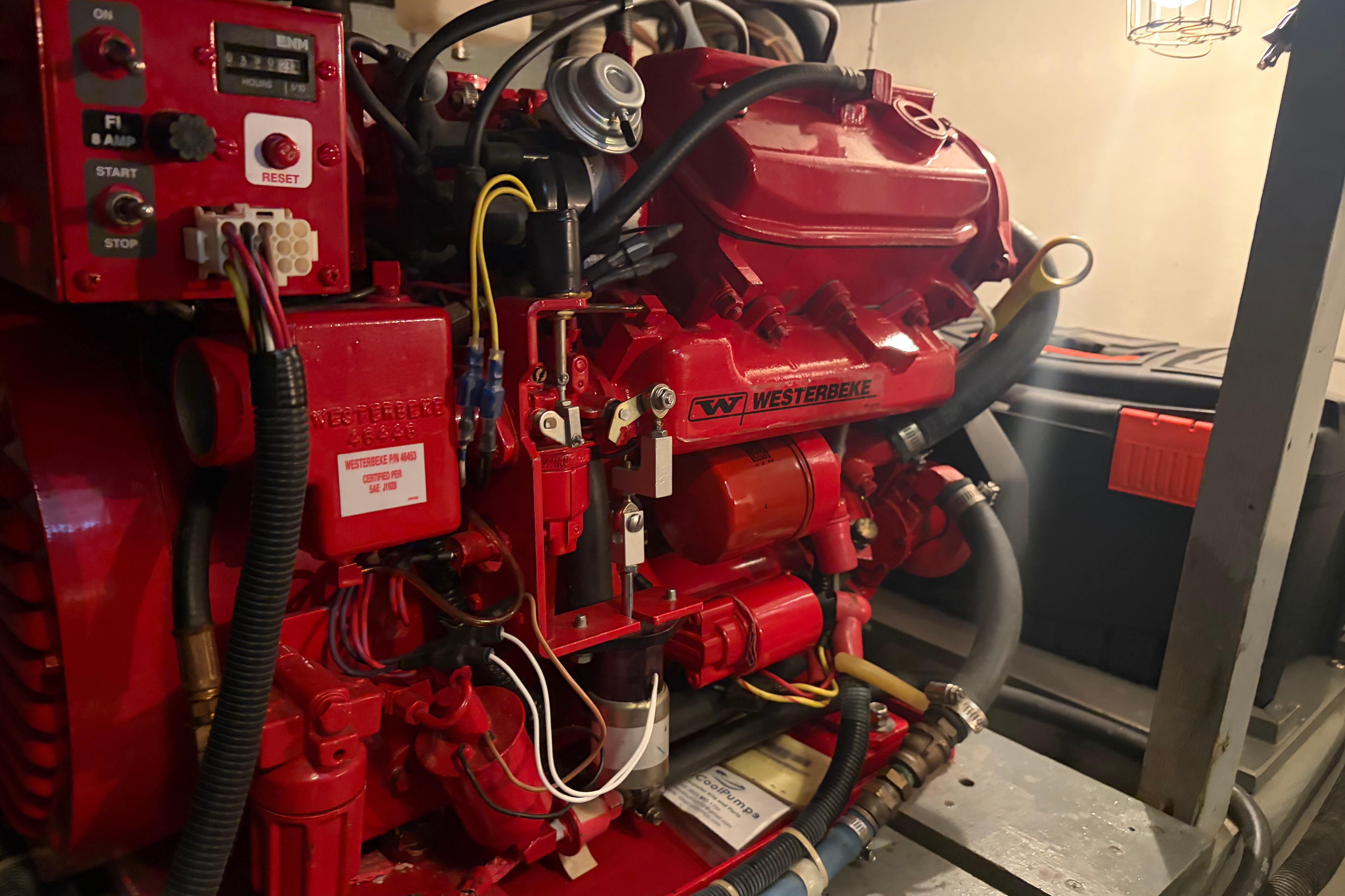 Red Westerbeke engine in a 1971 Chris-Craft 42 Commander boat.