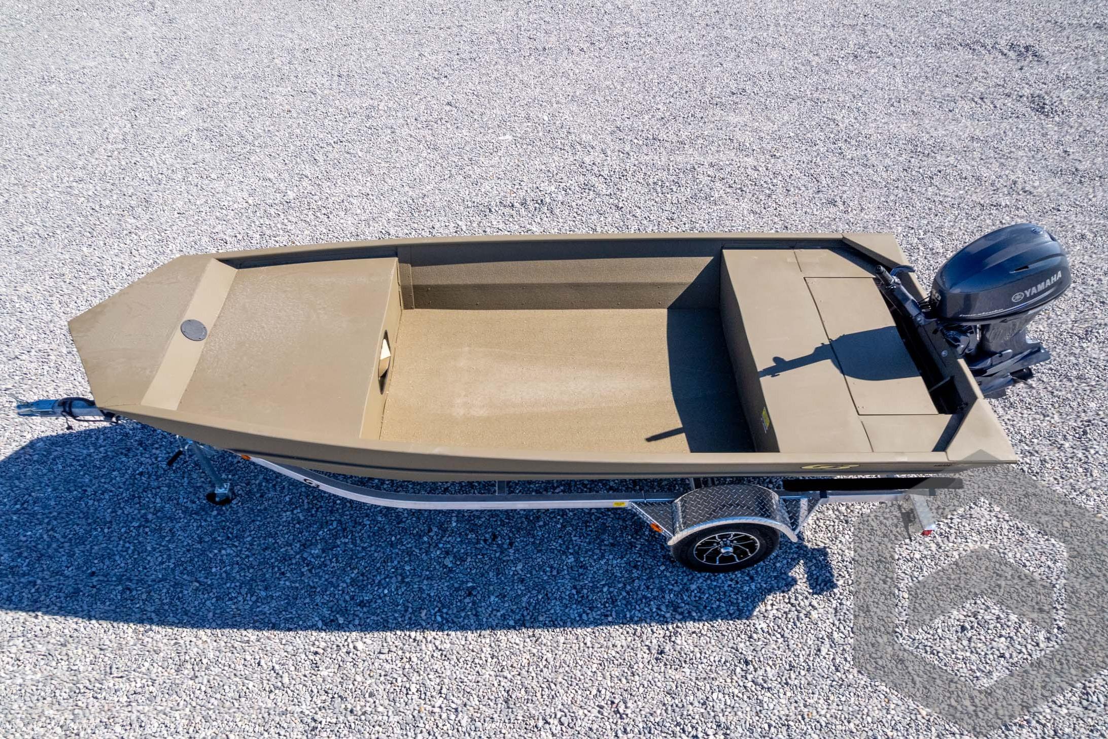 2026 G3 1652 VBW boat on gravel, featuring Yamaha outboard motor.