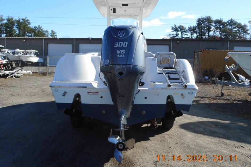2024 Sea Fox 248 Commander boat with Yamaha 300 V6 engine, rear view.