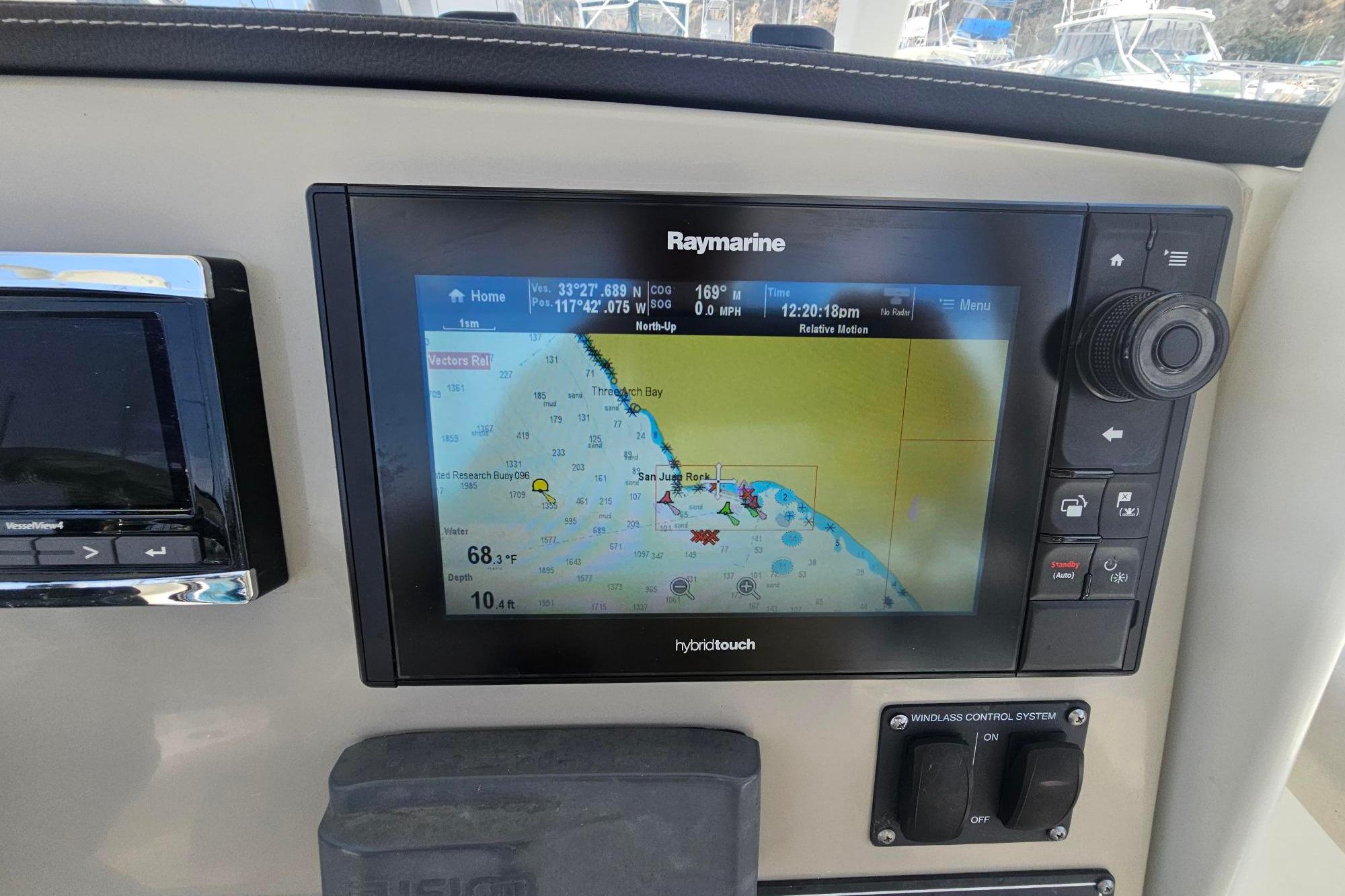 Raymarine navigation display on 2017 Boston Whaler 230 Outrage boat dashboard.