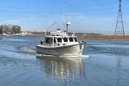 1997 Rosborough Trawler cruising on a calm river under a clear blue sky.