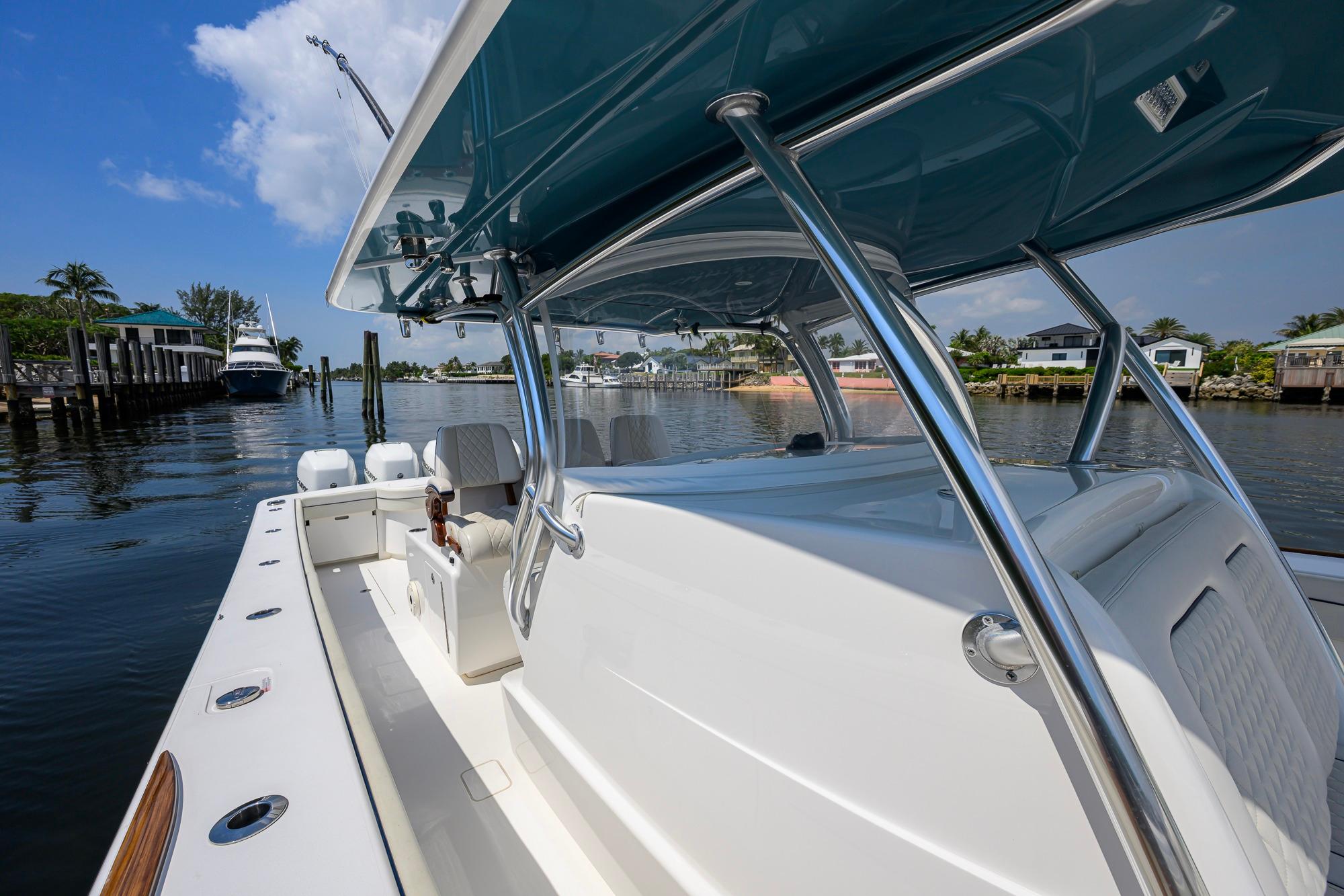 2020 Valhalla Boatworks V-41 on calm water, showcasing sleek design and modern features.