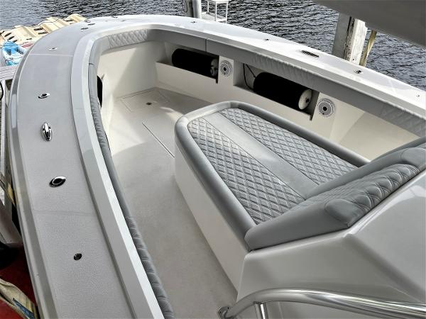 2020 Front Runner 39 Center Console boat interior with cushioned seating and sleek design.