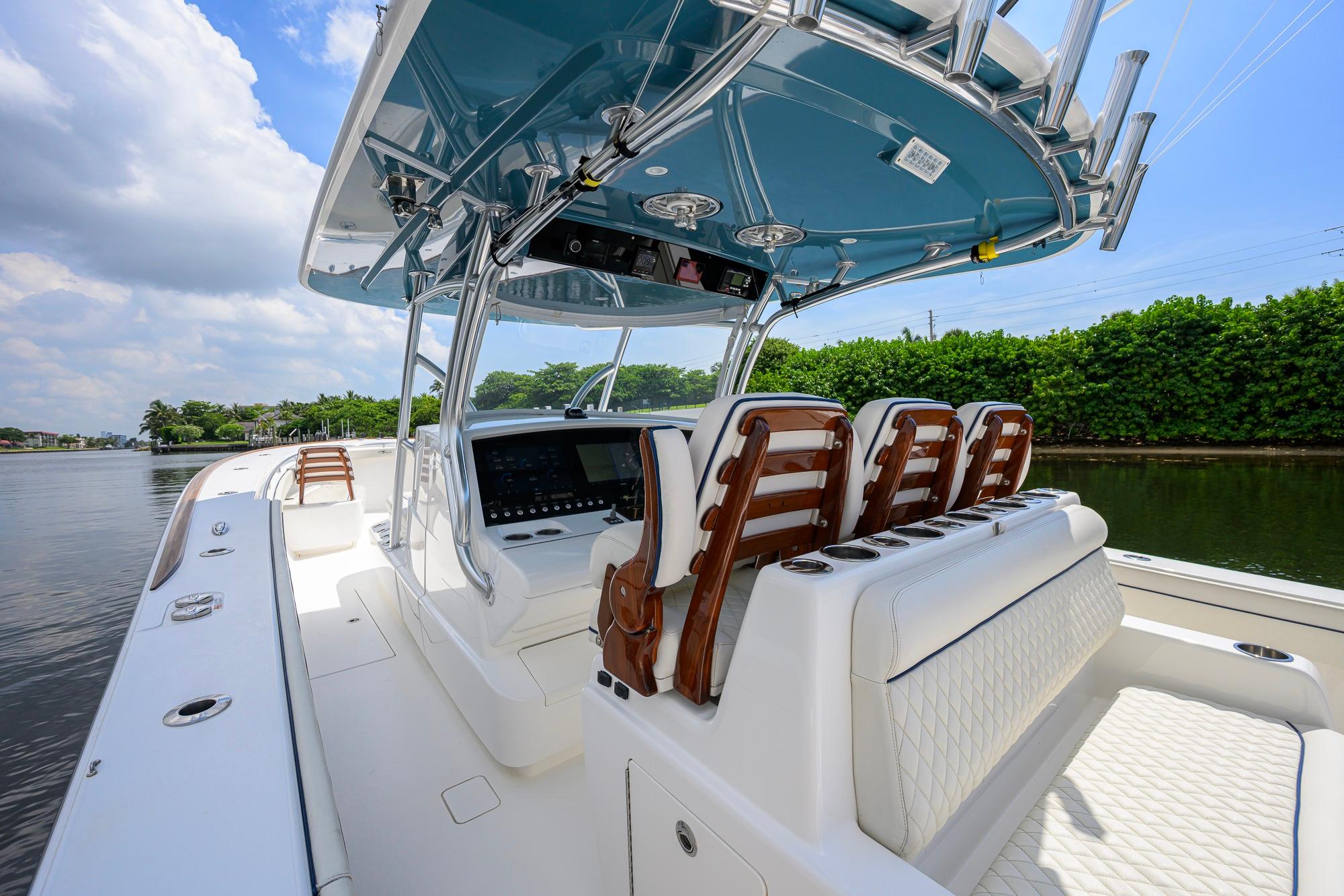 2020 Valhalla Boatworks V-41 interior with sleek seating and modern helm design.