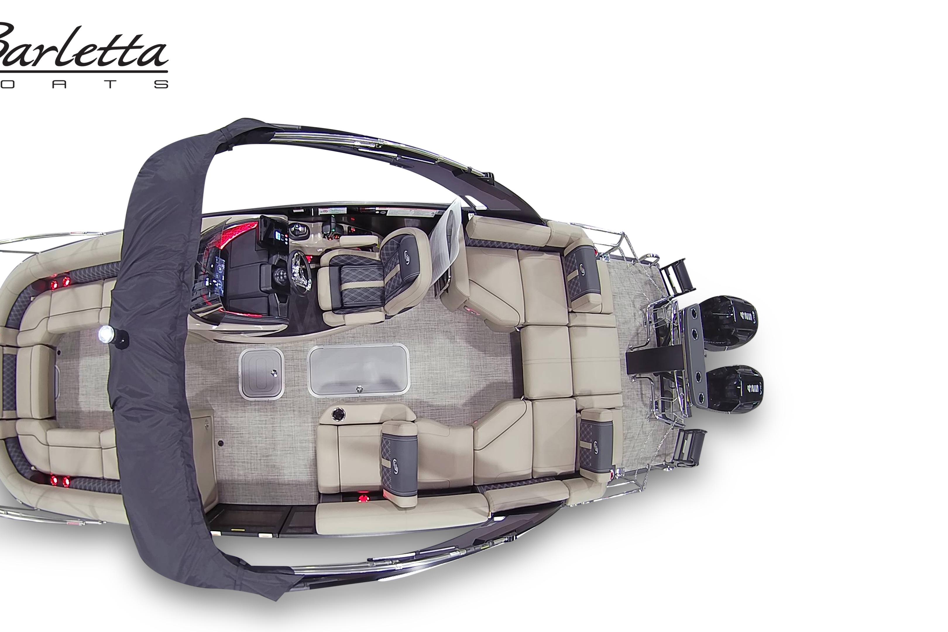 Top view of 2027 Barletta L25MAT pontoon boat with luxurious seating and dual engines.