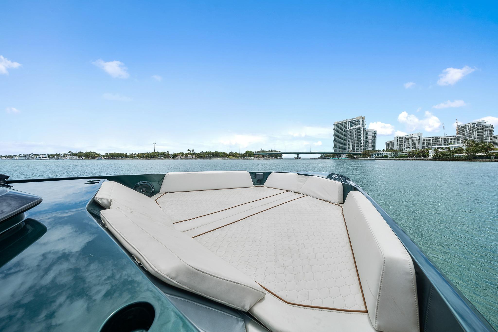 Luxurious sun deck of the Wally wallytender43X yacht, 2023 model.