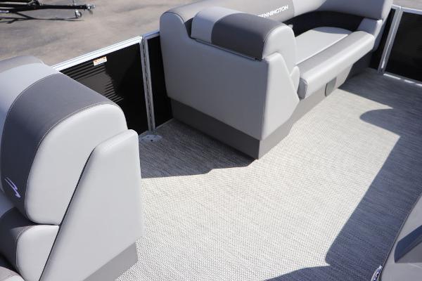 2024 Bennington 20 SL pontoon boat interior with gray seating and flooring.