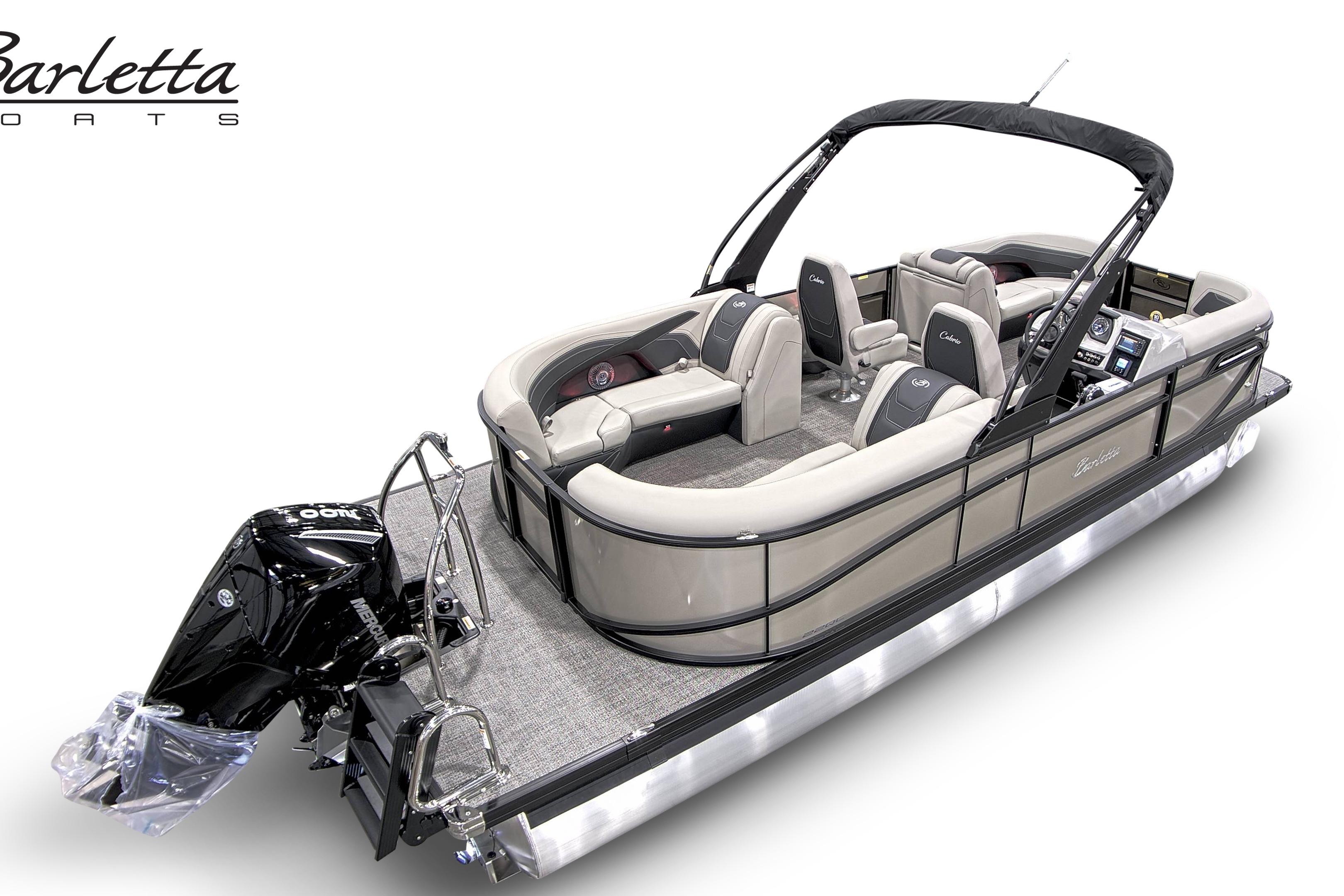 2026 Barletta Cabrio 22QC pontoon boat with sleek design and modern seating arrangement.