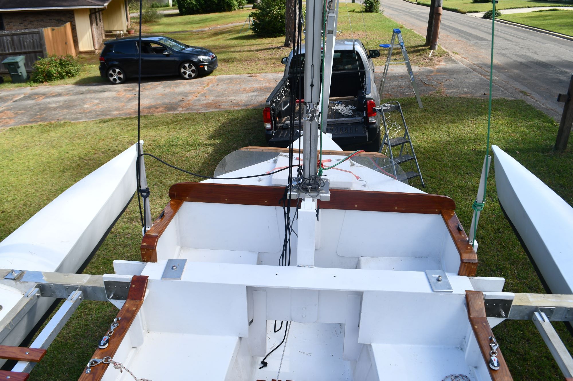 Custom Strike 18 trimaran in backyard, 2020 model.