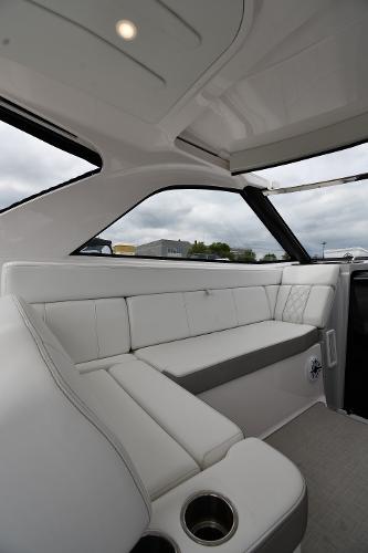 2021 Regal 35 Sport Coupe interior with white leather seating and modern design.