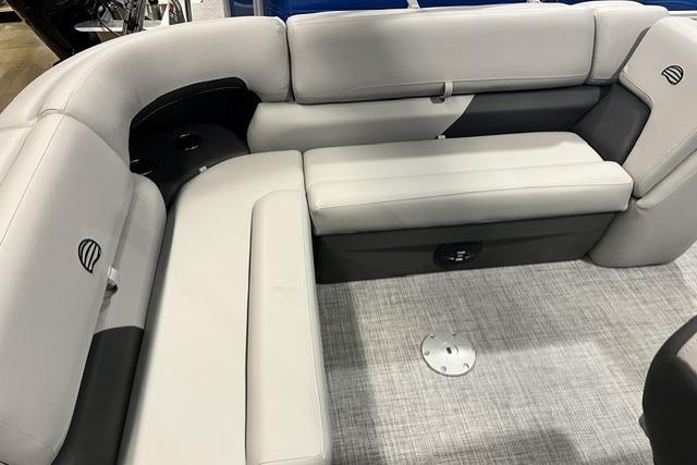 2026 Sun Tracker Party Barge 20 DLX interior with gray seating and modern design.