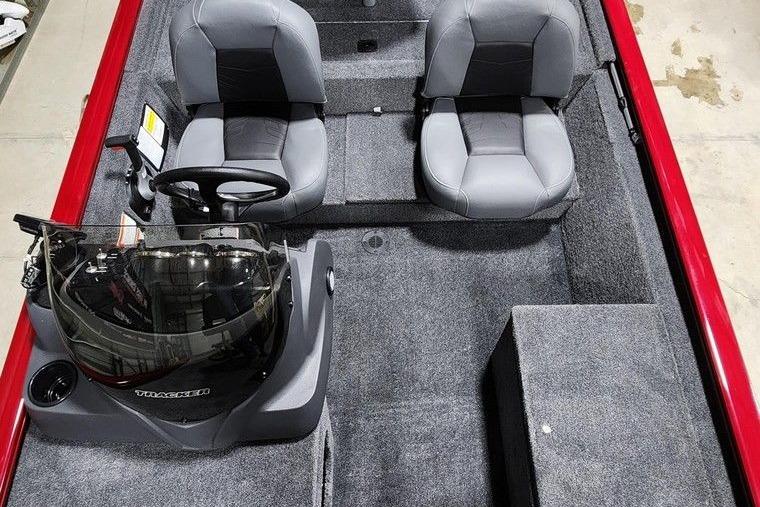 2026 Tracker Pro 170 boat interior with dual seats and steering console.
