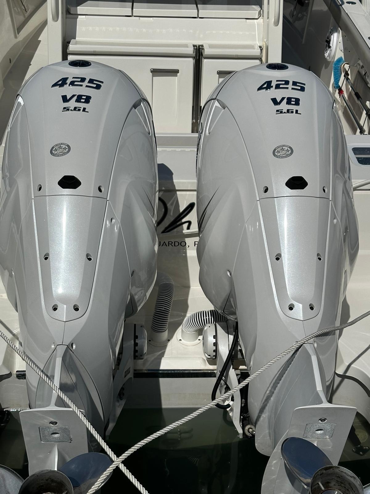 Twin 425 V8 outboard engines on a 2023 Pursuit S 358 Sport boat.