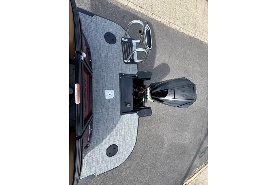 Overhead view of 2026 Regency 230 DL boat with motor and swim ladder.