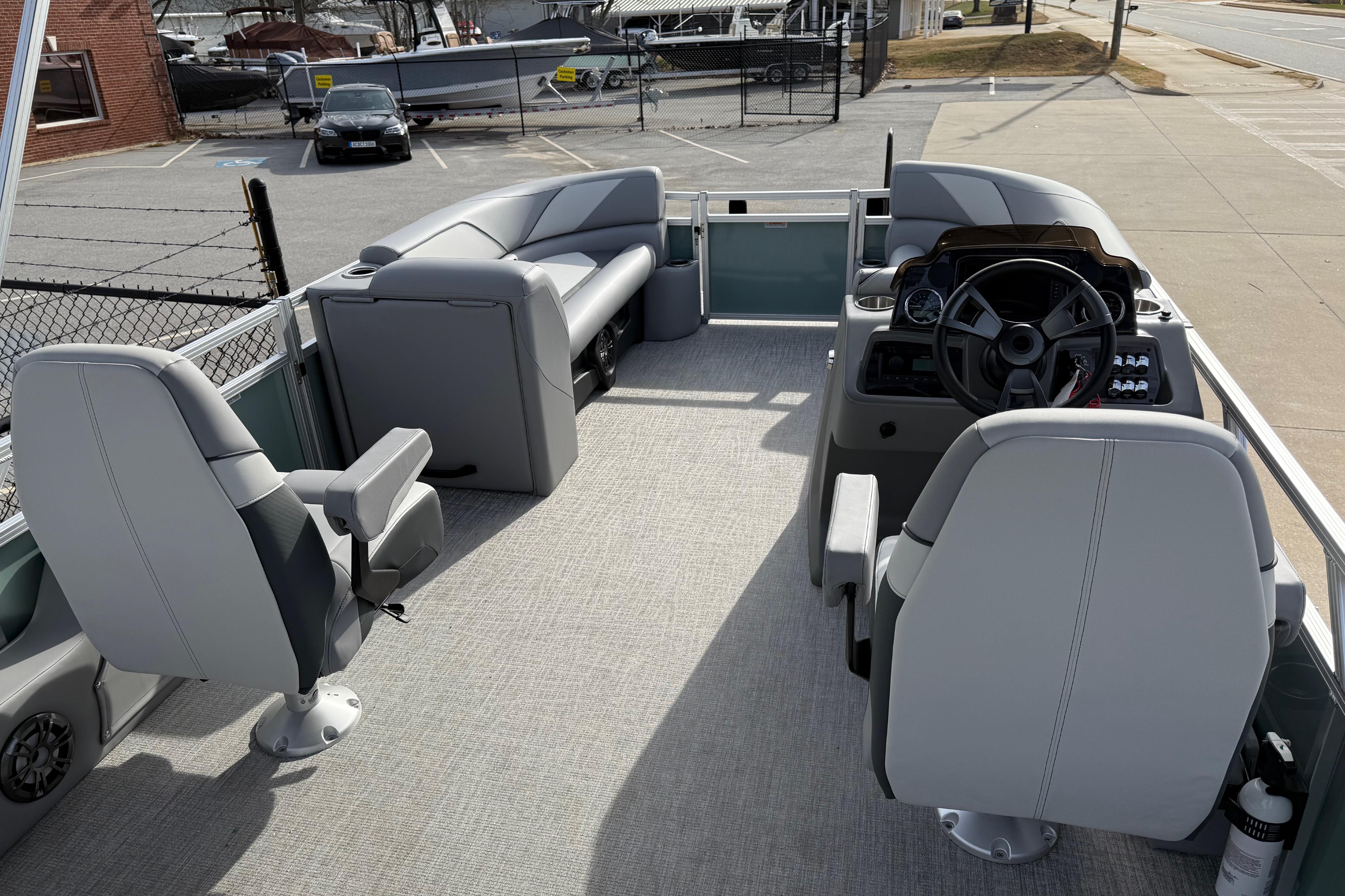 2026 Avalon Venture 85 Versatile rear Bench interior with modern seating and steering console.
