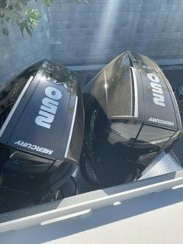 Two black Mercury outboard motors on a Spartan 2600 Olympia, 2025 model.