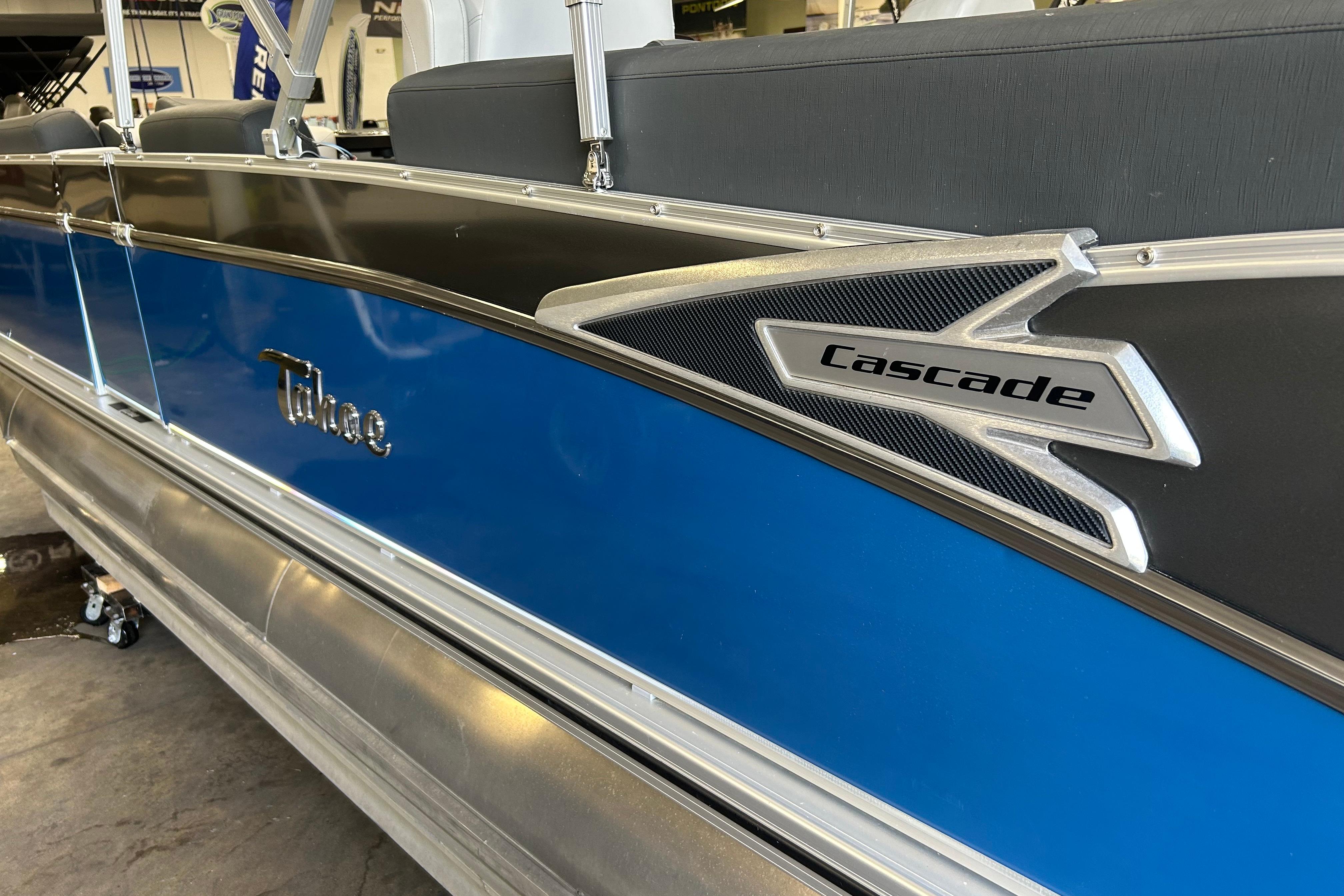 2022 Tahoe Pontoon Cascade Quad Lounger, blue and silver exterior detail.