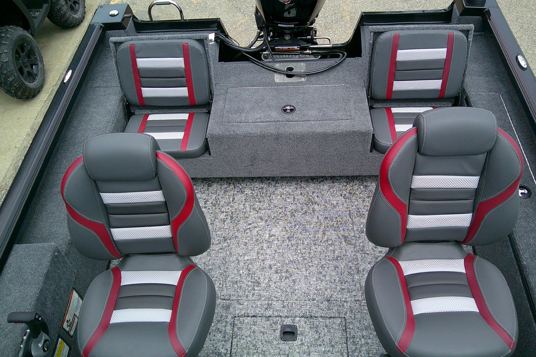 2026 Ranger VS1782SC Reata boat interior with gray and red seating arrangement.