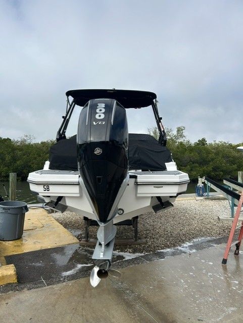 A Monterey M-45 boat is on a trailer on land.