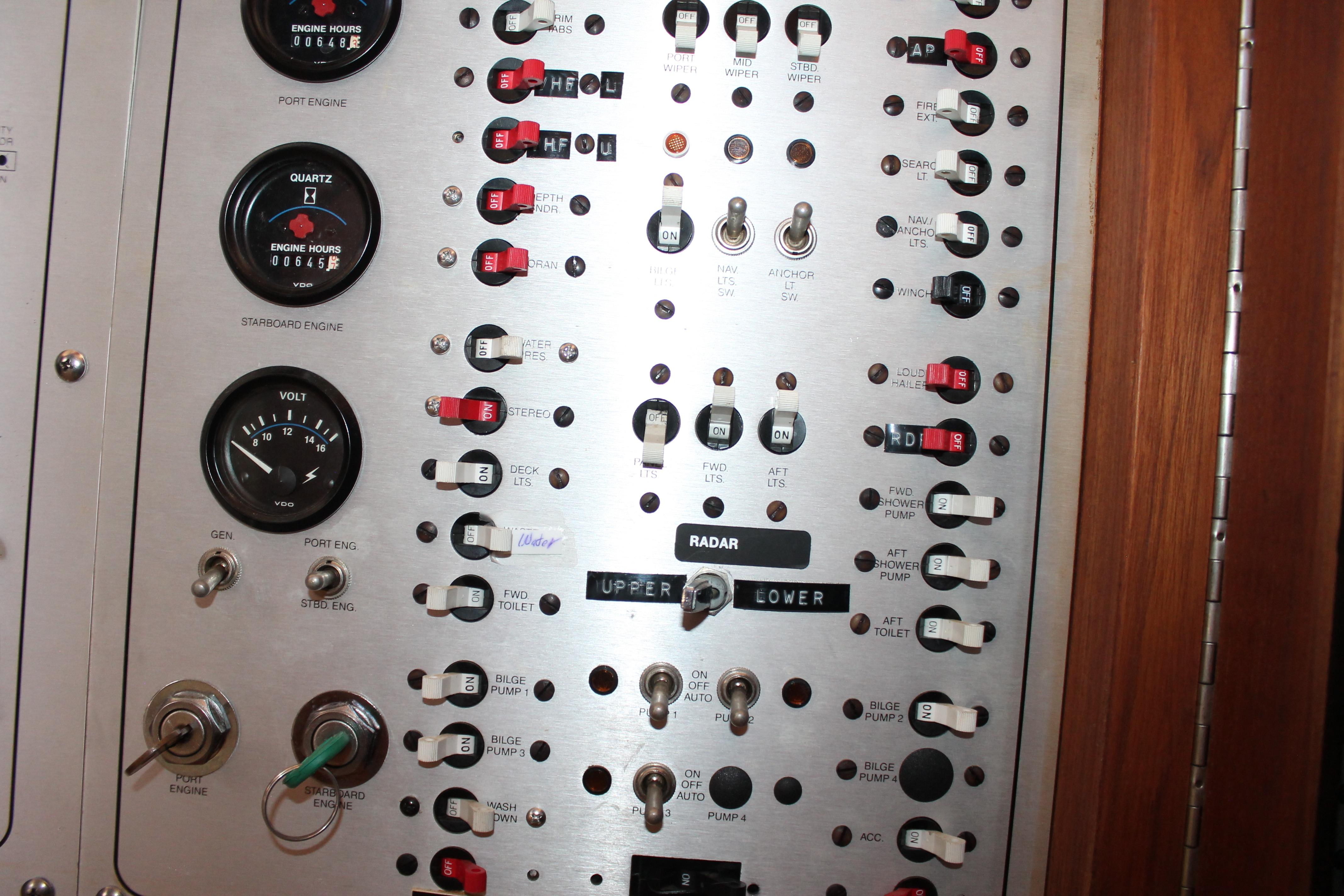 Control panel of a 1987 Chris-Craft 427 Catalina boat with various switches and gauges.