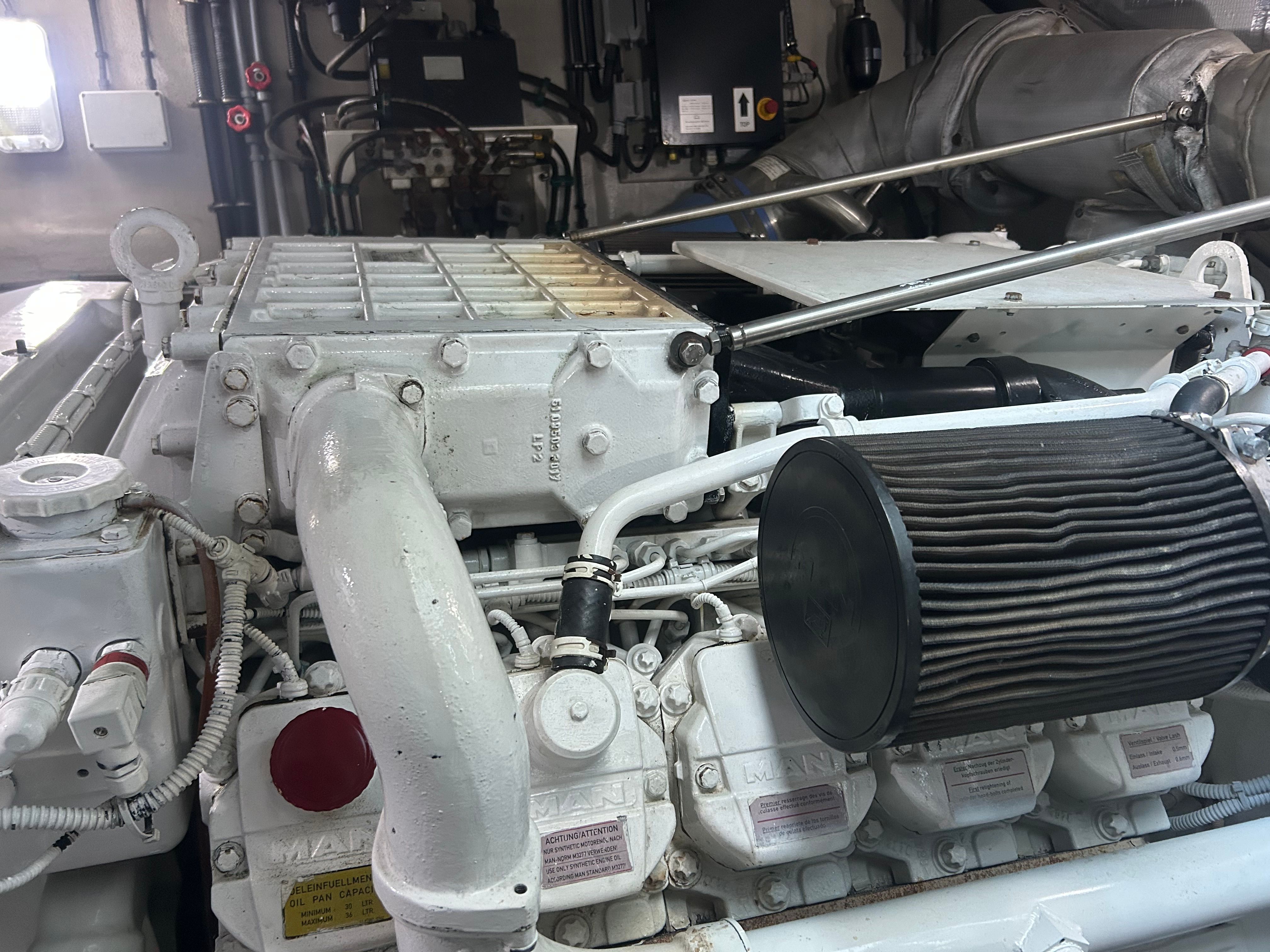 Engine room of a 2008 Sunseeker Predator 62, showcasing technical details.