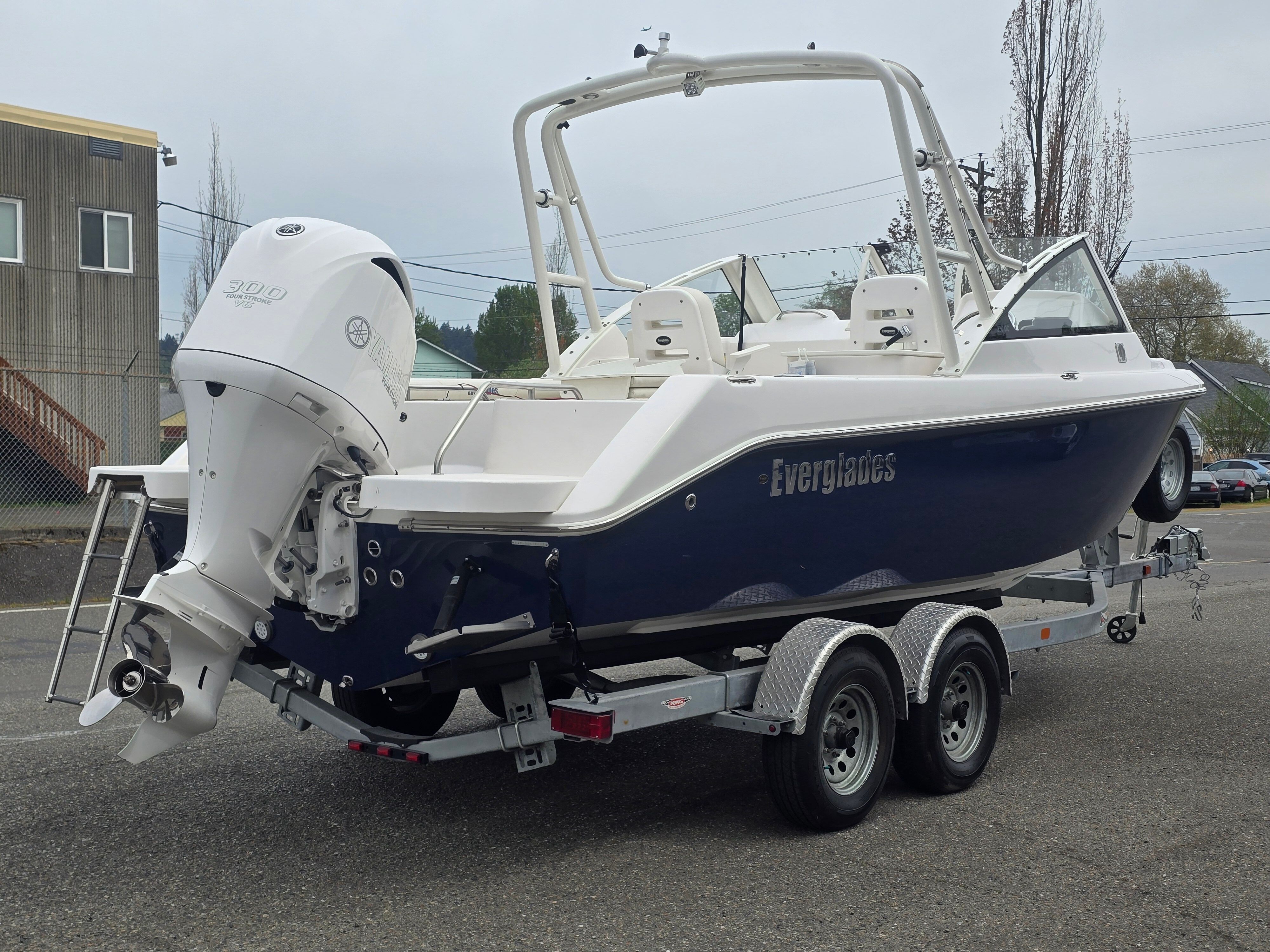 2017 Everglades 230 Dual Console on a trailer, ready for adventure.