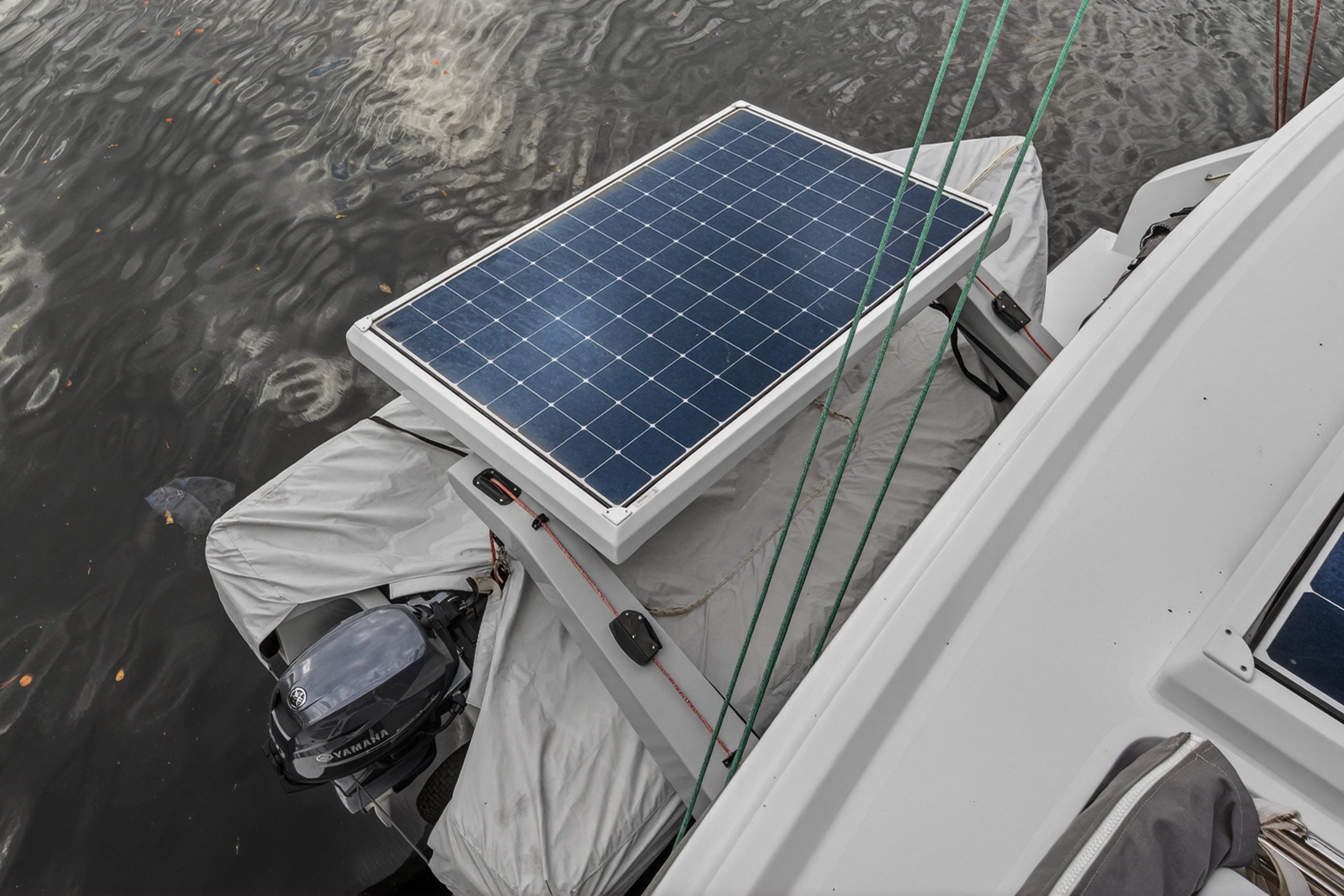 Solar panel on a 2023 Balance 482 boat, near water surface.