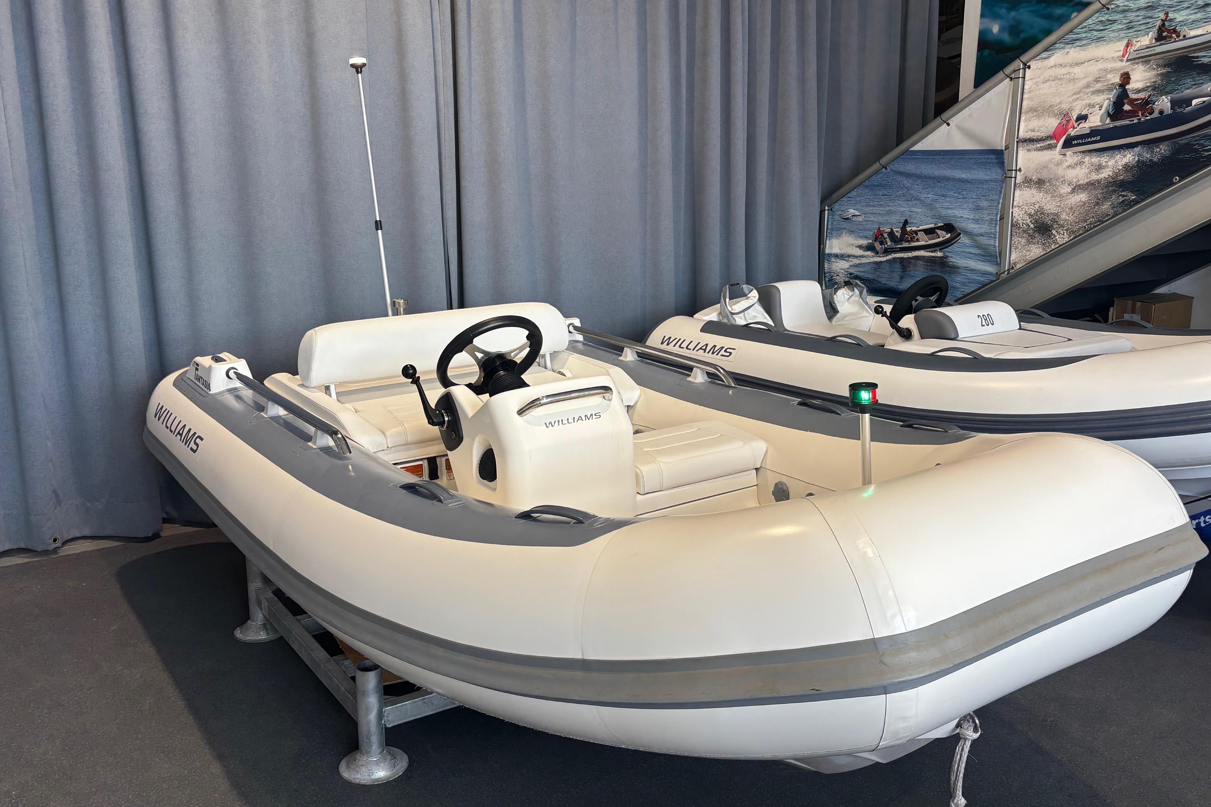 2018 Williams Jet Tenders Sportjet 345 on display indoors.