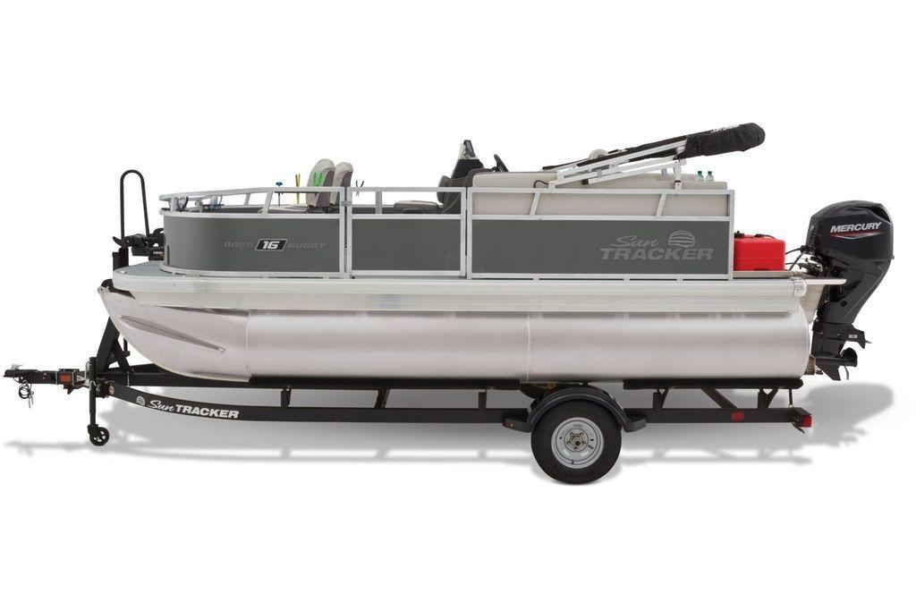 2026 Sun Tracker Bass Buggy 16 XL Select pontoon boat on trailer, side view.