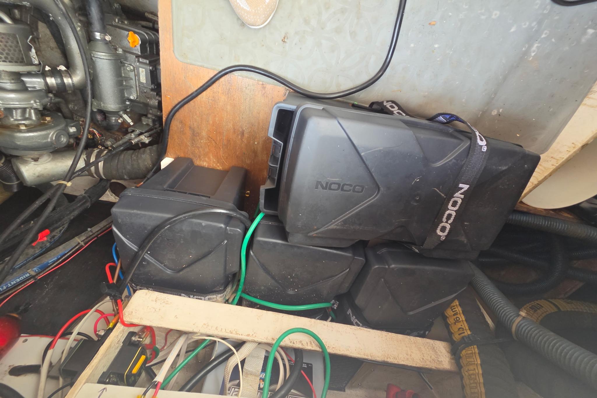 Battery compartment of a 2000 Fountaine Pajot Maryland 37 with NOCO battery boxes.