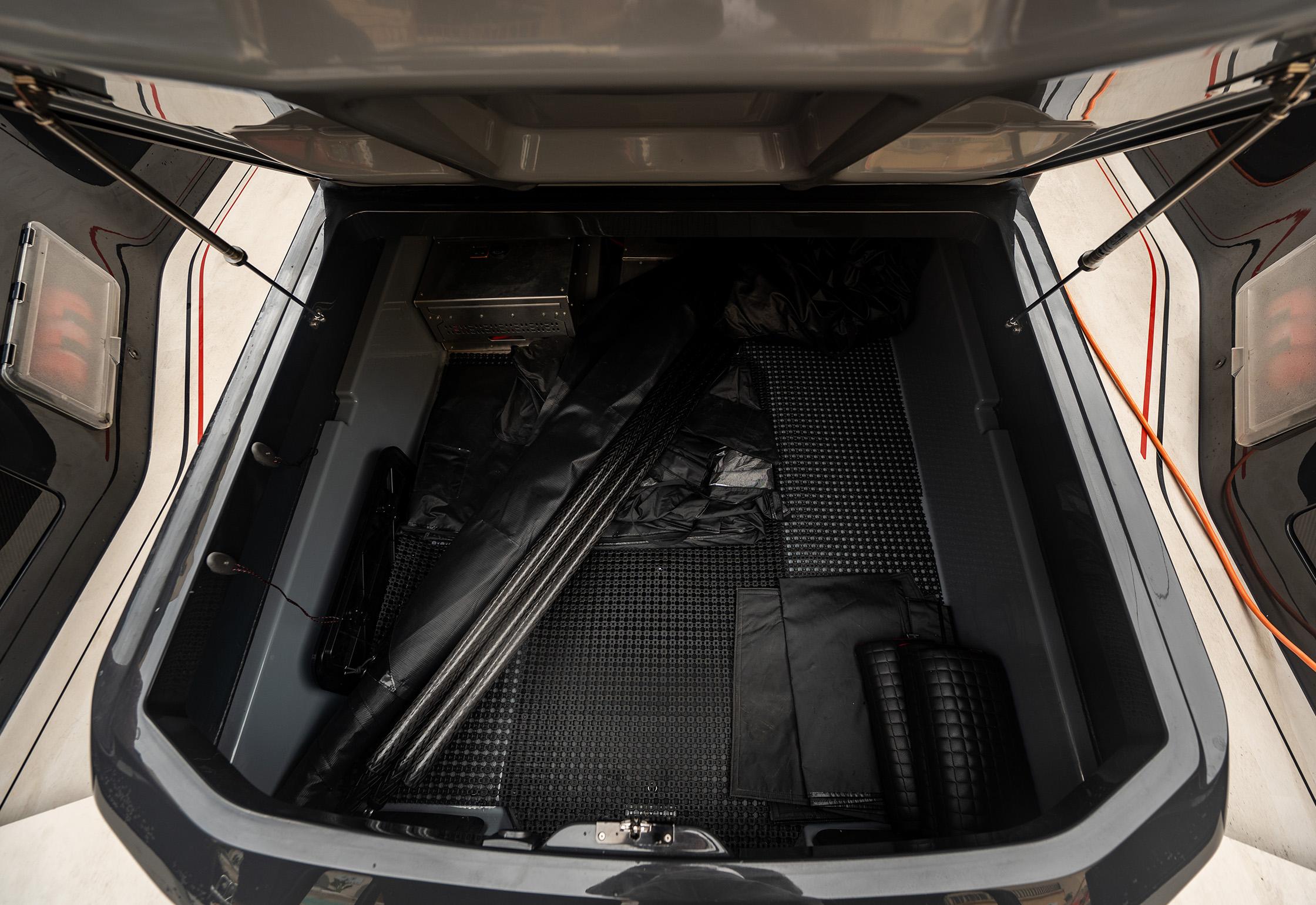 Storage compartment of a 2020 BRABUS Shadow 900 boat, featuring organized equipment and accessories.