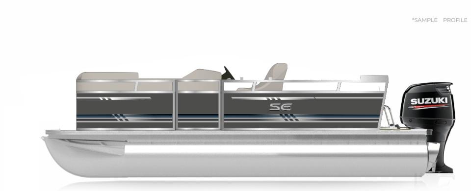 2025 South Bay 18CR SE S Cruise pontoon boat with Suzuki outboard motor, side profile view.