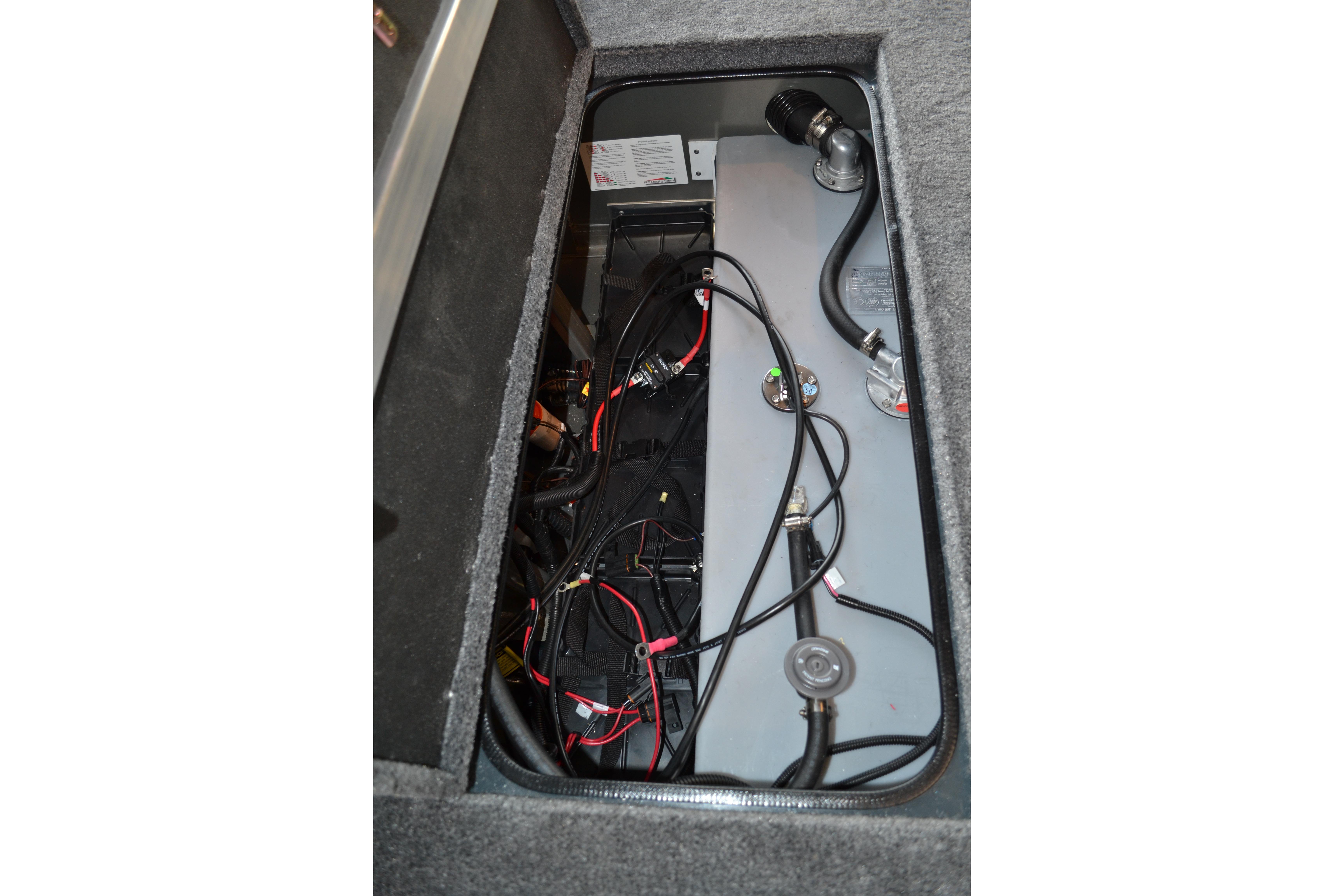 2026 Ranger RT178C boat compartment with wiring and components visible.