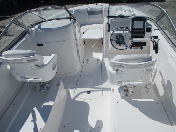 2025 Sea Fox 228 Traveler boat interior with dual seats and modern dashboard.