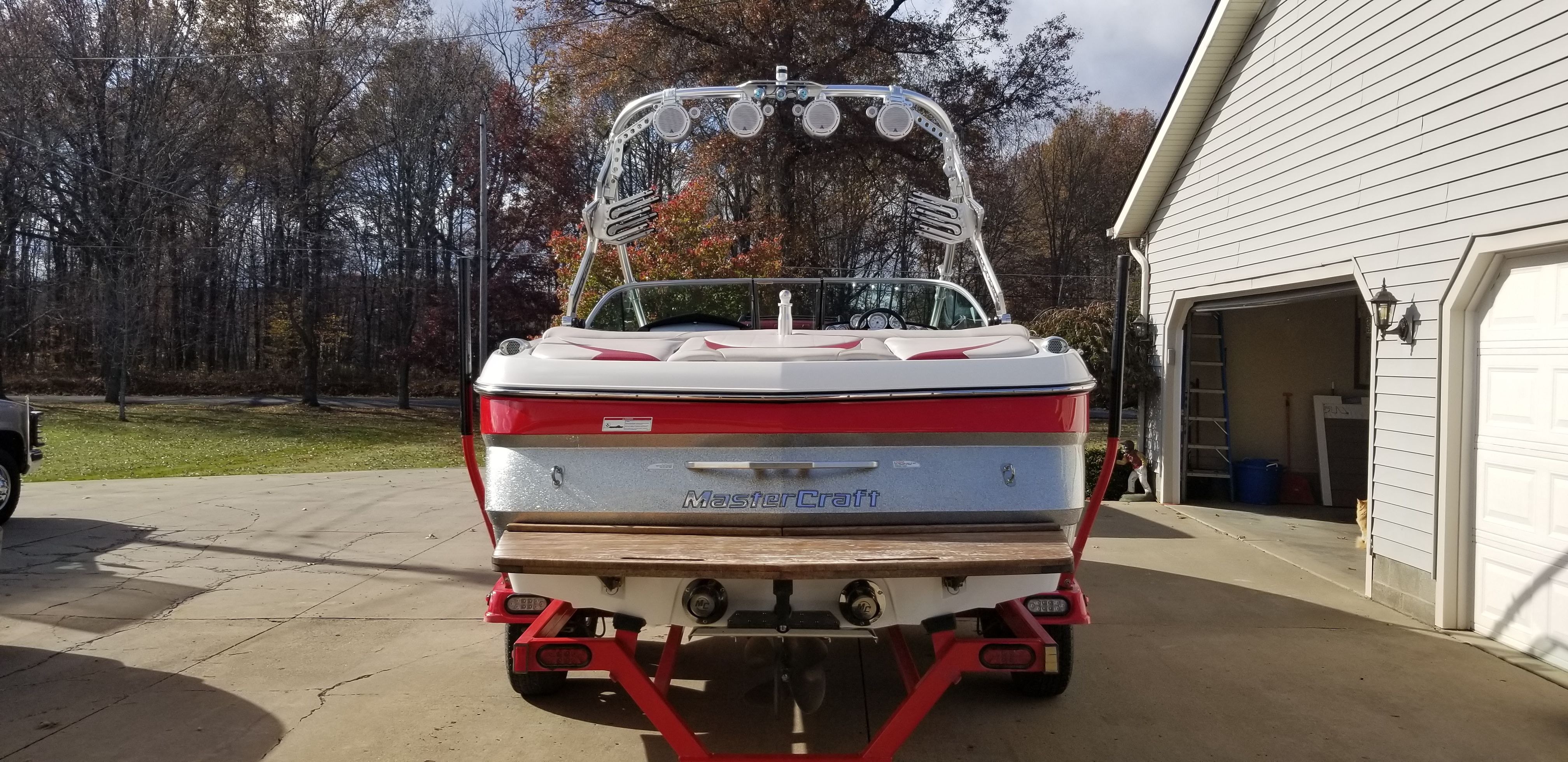 Rear view of a 2007 MasterCraft X-15 boat on a trailer.