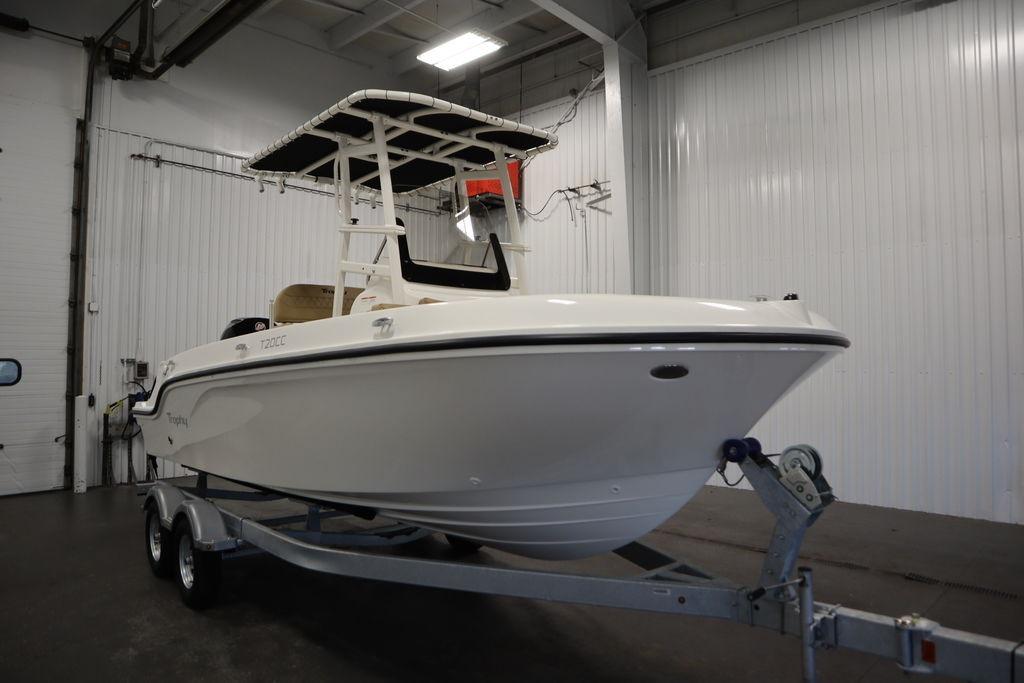 2026 Bayliner Trophy T20CC boat on trailer in indoor storage facility.