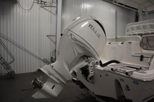 2025 Sea Fox 228 Commander with Yamaha outboard motor in a storage facility.