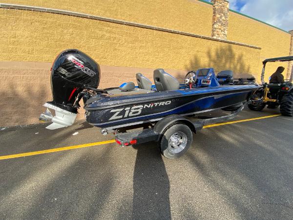 2025 Nitro Z18 Pro boat with powerful outboard motor on trailer.
