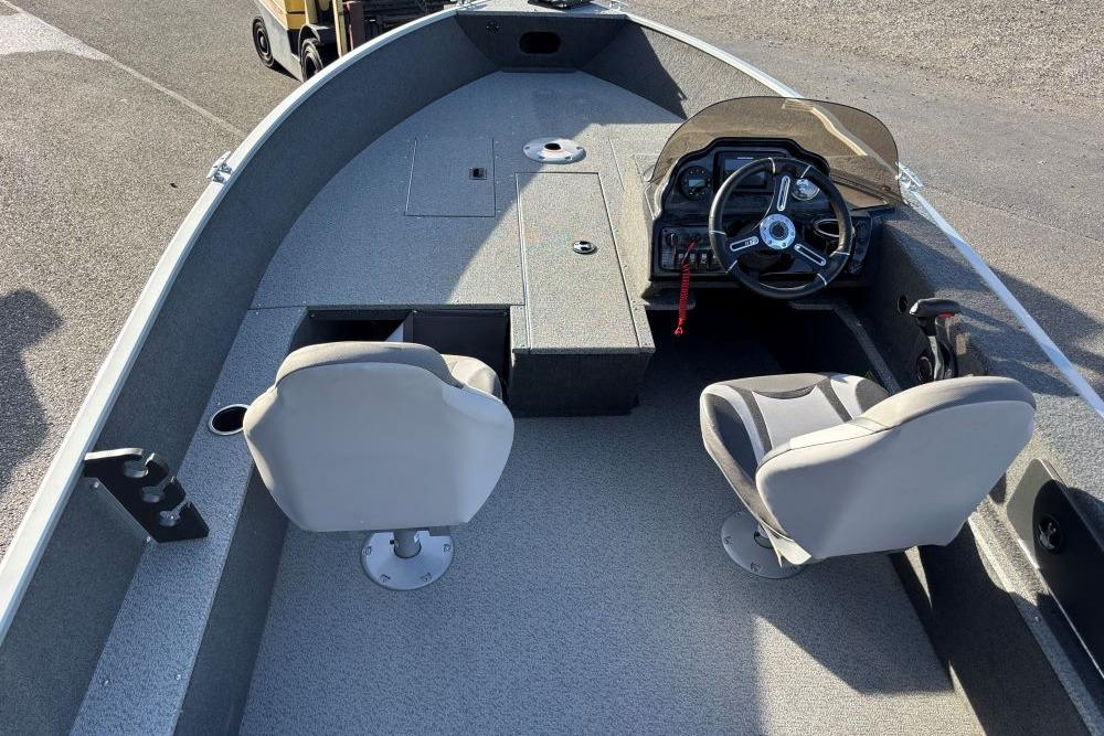 2024 Starweld 16 Fusion SC Pro boat interior with dual seats and steering console.