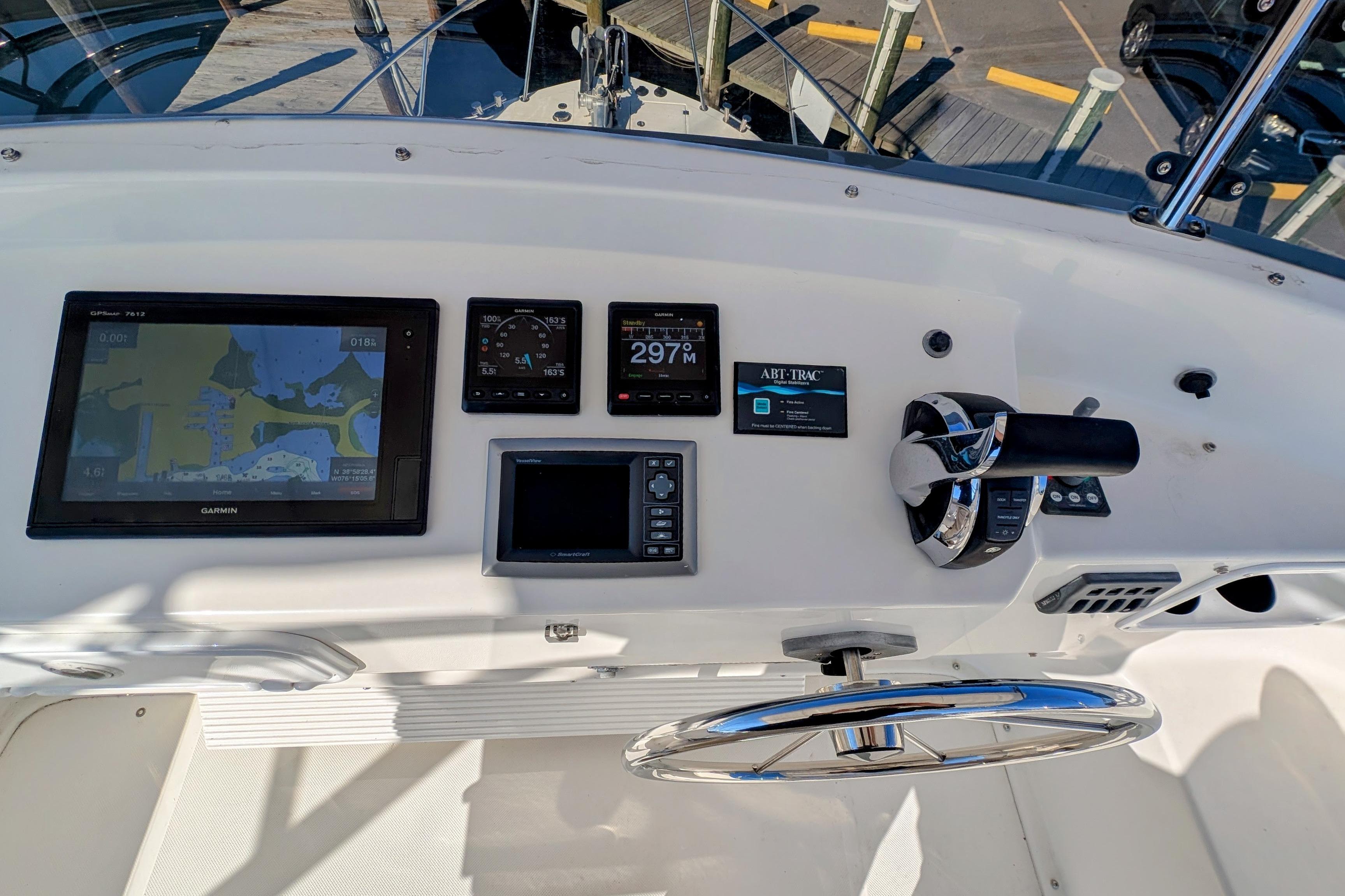 Control panel of a 2015 American Tug 435 with navigation and throttle systems.