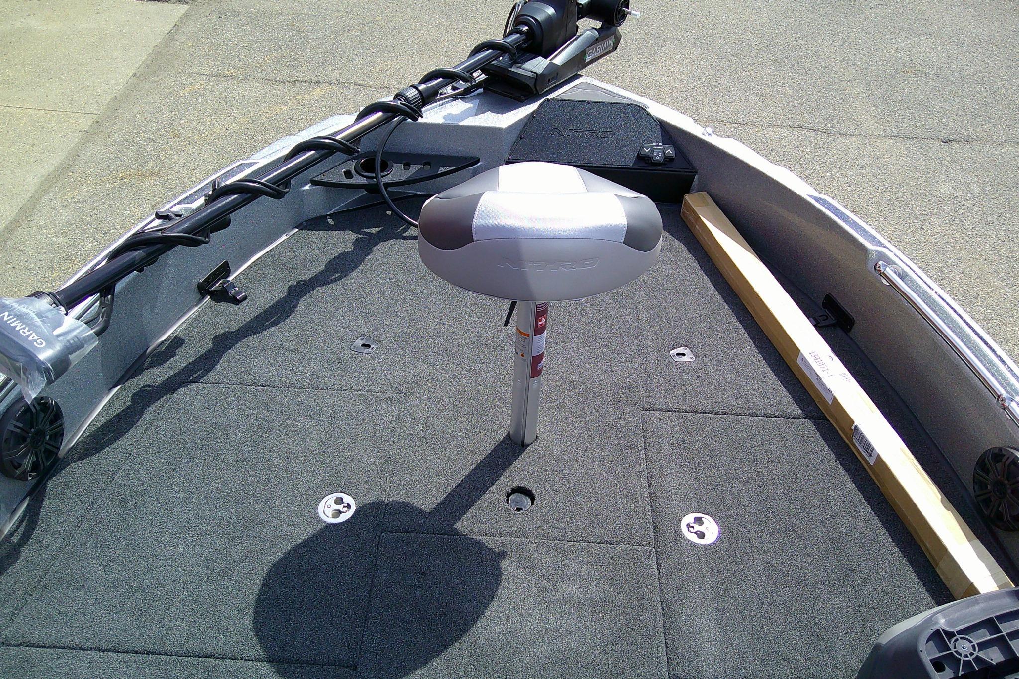 Front deck of 2026 Nitro ZV21 Pro boat with mounted equipment and seating.