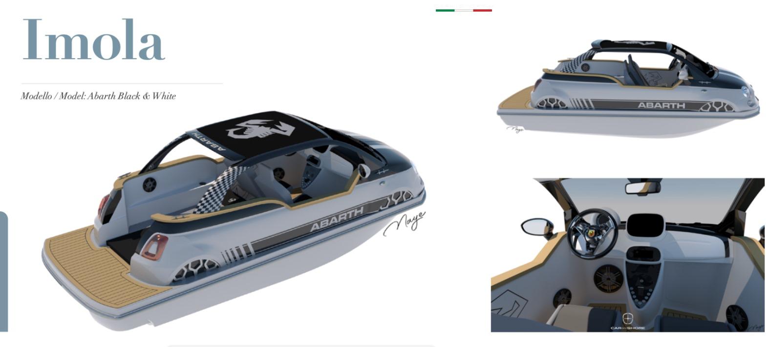2025 Car Off-shore Fiat 500 Abarth boat, Imola model, sleek design, black and white color scheme.
