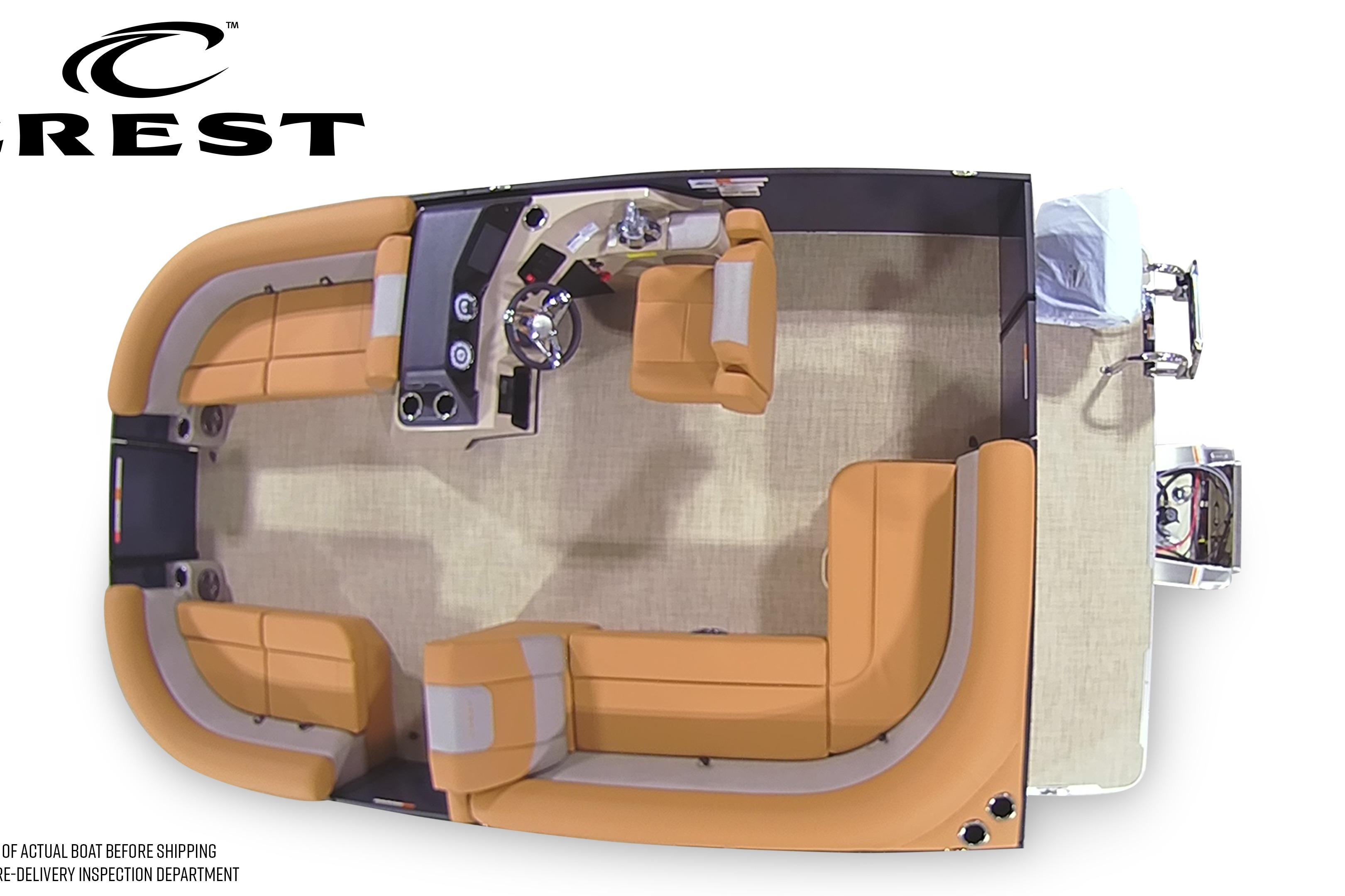 Top view of 2026 Crest Conquest SE 180 boat interior with tan seating.