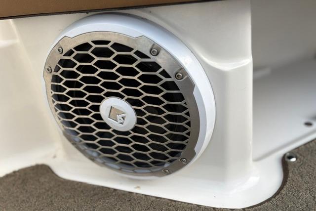 Close-up of a 2017 Searay SPX210 boat speaker with a hexagonal grille design.