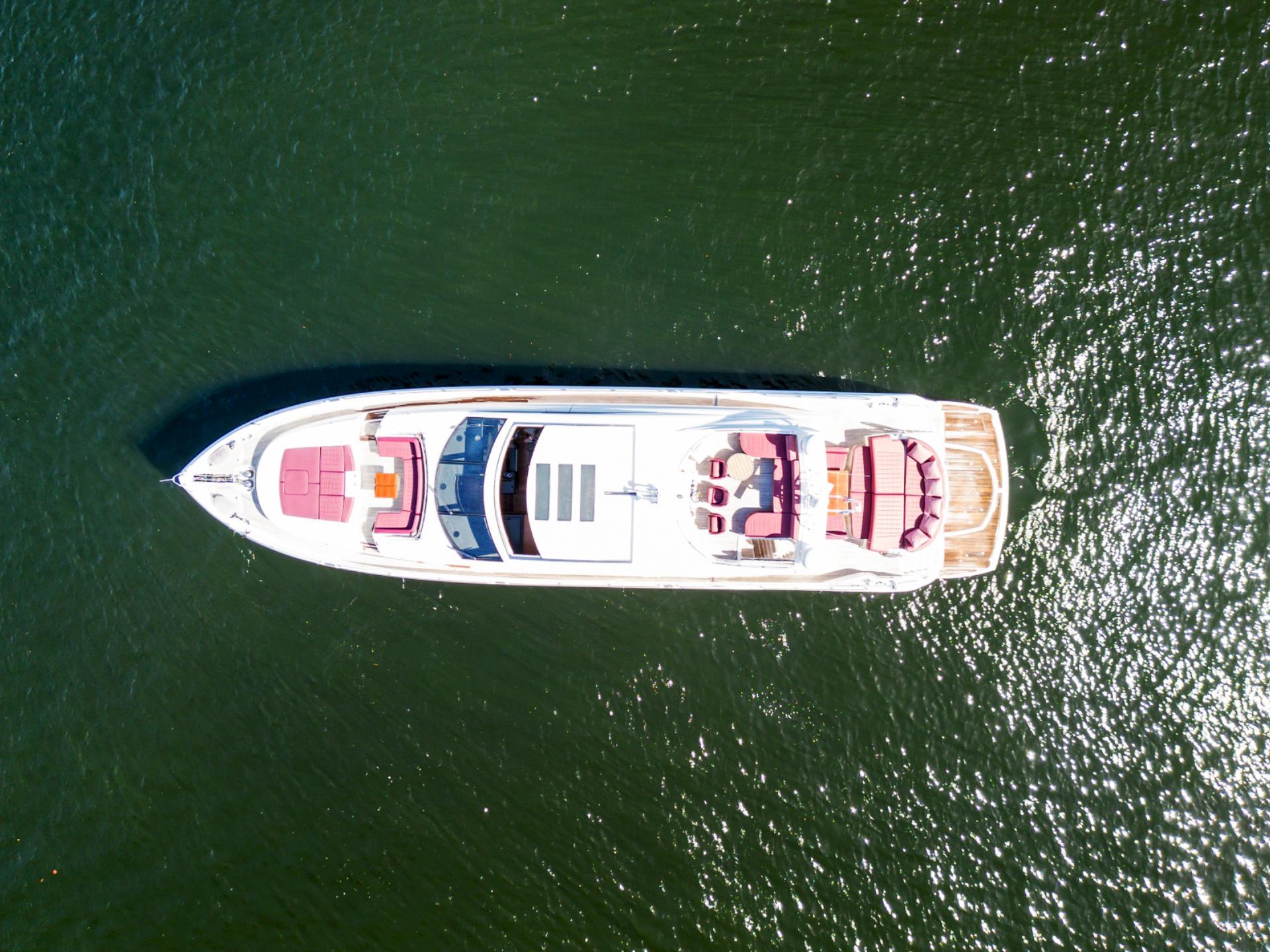 Aerial view of 2013 Sunseeker Predator 84 yacht on open water.
