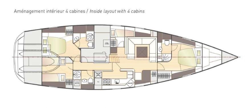 Amel 64 yacht interior layout with four cabins, 2014 model.