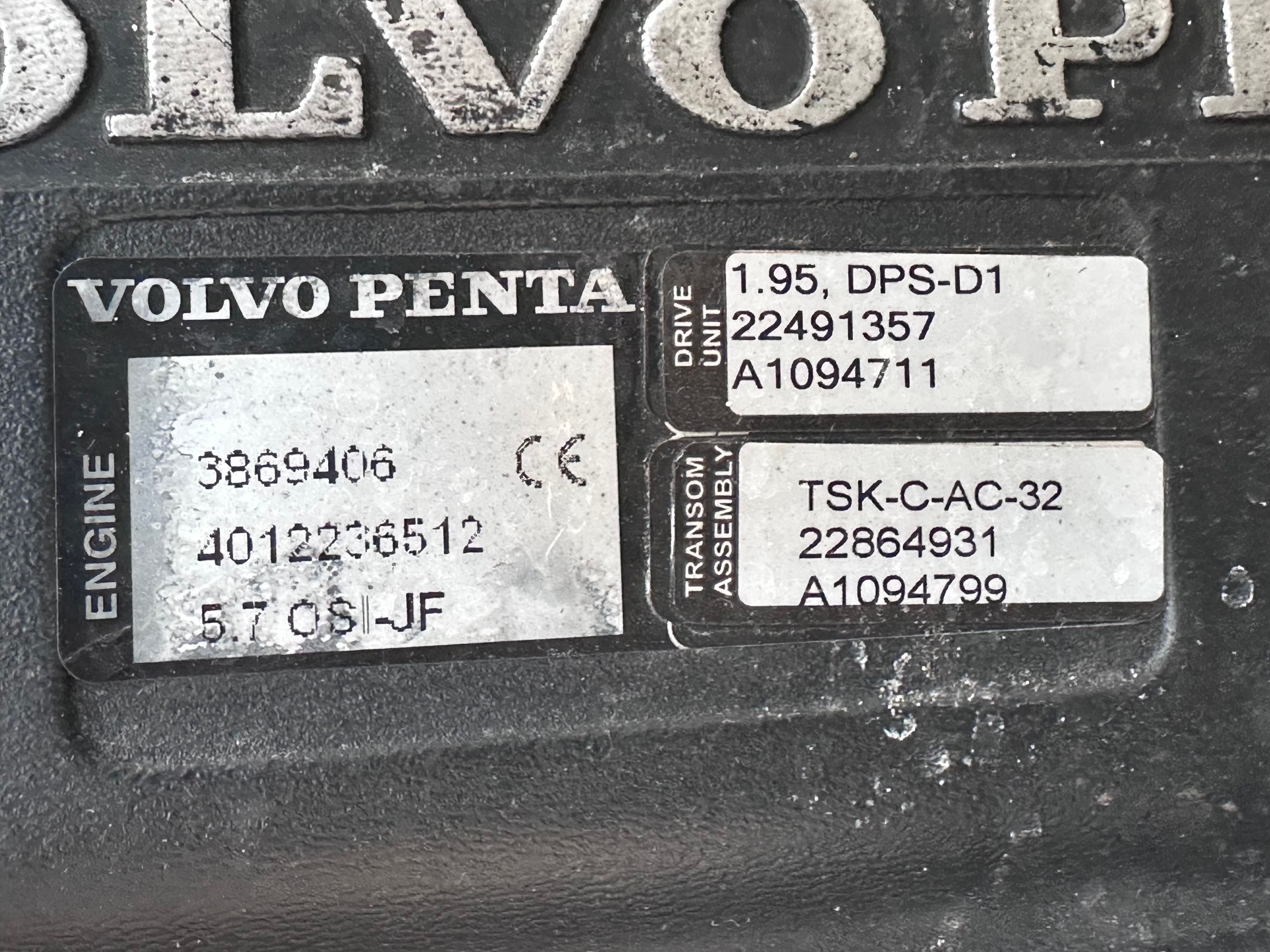 Close-up of a Volvo Penta engine plate with technical details and serial numbers.