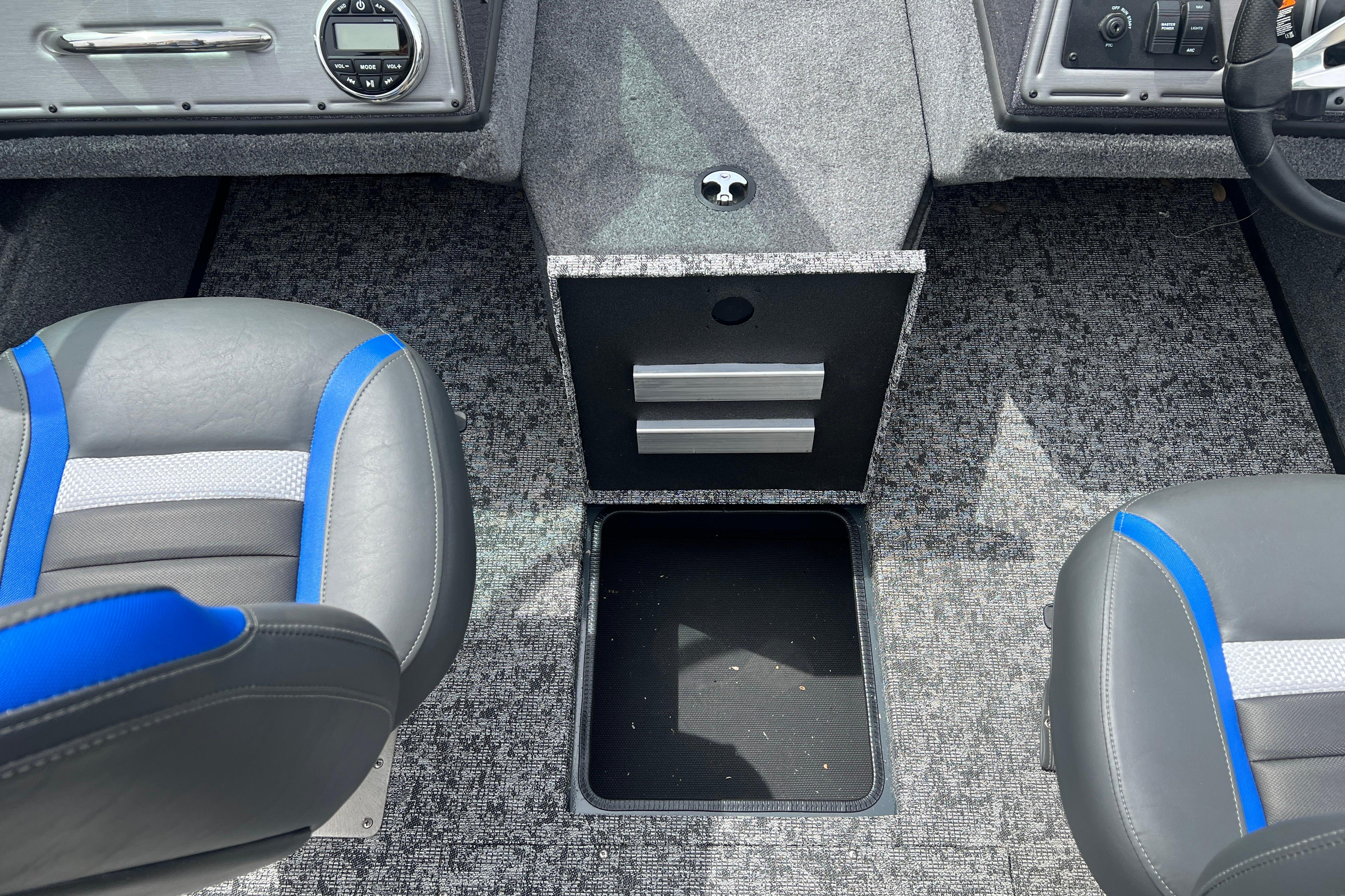 2026 Ranger VS1682SC Angler boat interior with gray and blue seating.